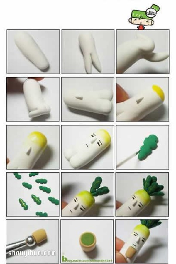 Illustration of how to make little white radish figures from clay