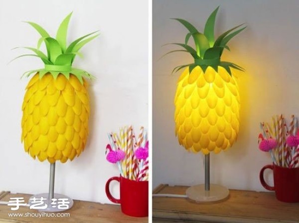 Old desk lamp renovation: DIY pineapple desk lamp using plastic bottles and spoons