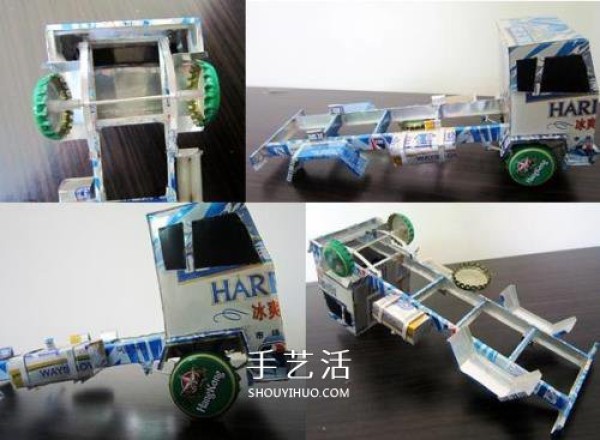 Illustration of how to make an oil tank truck model by hand using cans