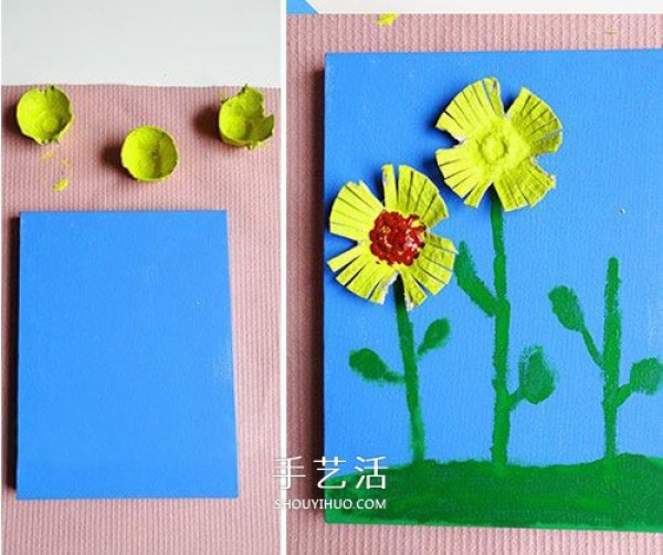 Kindergartens Double Ninth Festival hand-made chrysanthemum stickers with egg trays