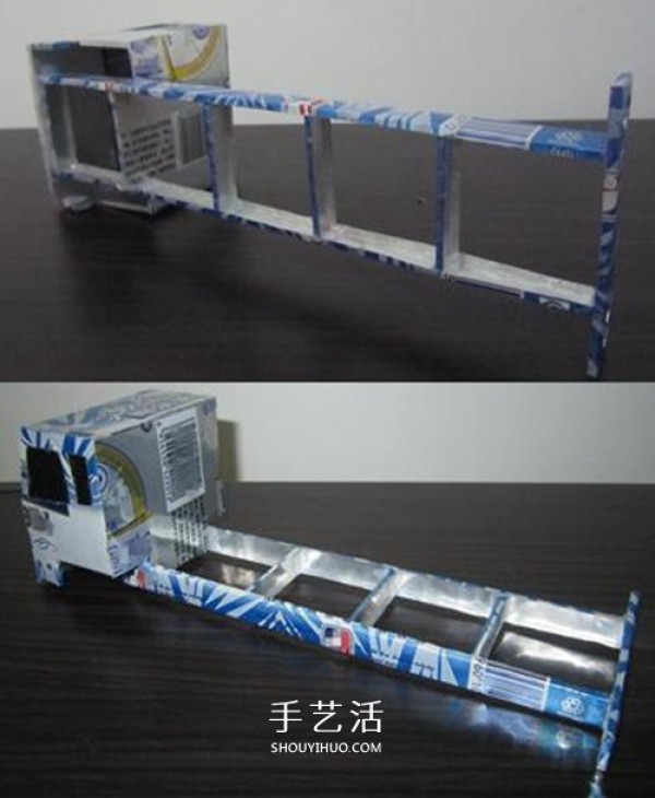 Illustration of how to make an oil tank truck model by hand using cans