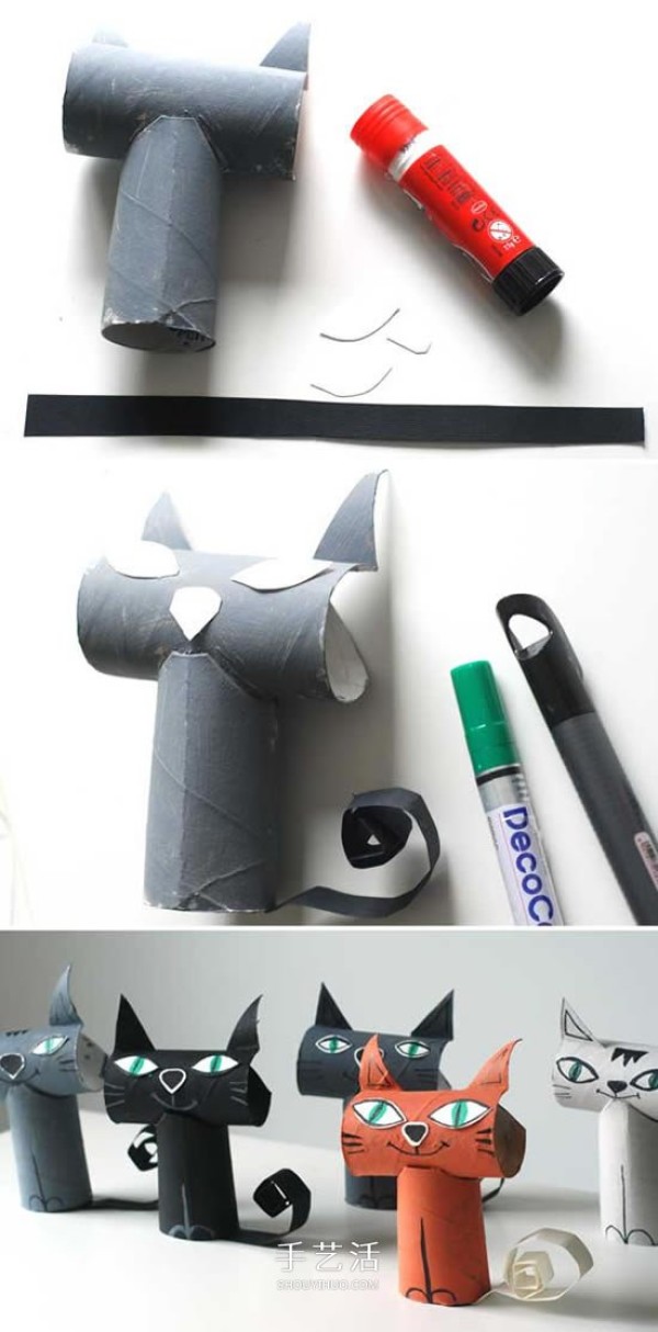 Kindergarten toilet paper tube waste is used to make a three-dimensional kitten by hand