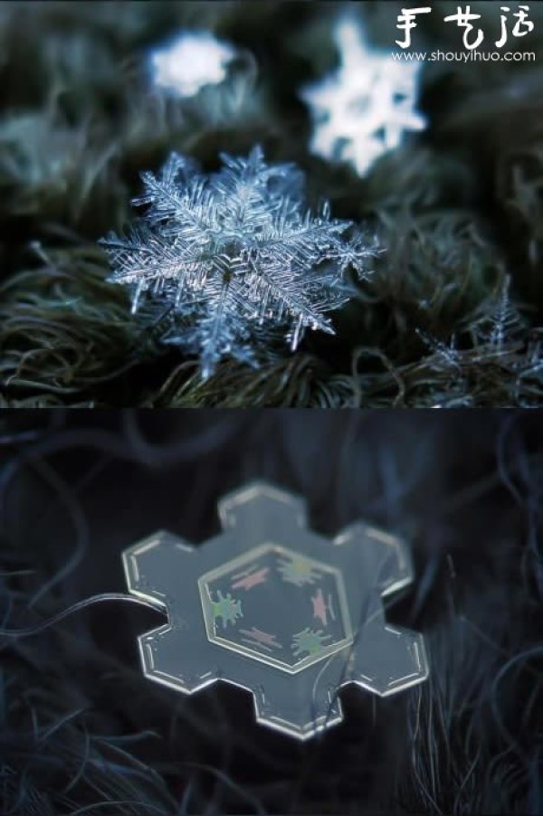 Crystal snowflakes captured with the lens reversed for macro