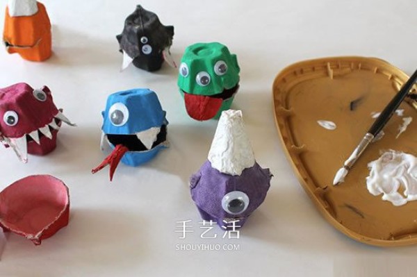 Handmade Halloween monster candy box made from waste using egg trays