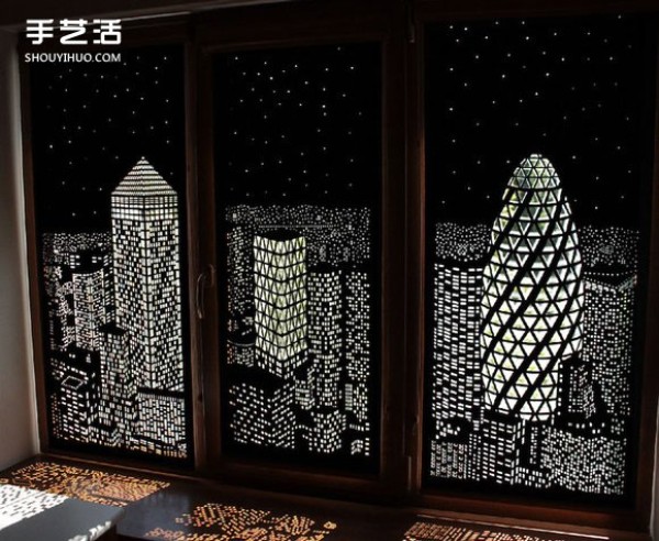 Ukrainian handmade city silhouette curtains engraved with limited day and night scenes