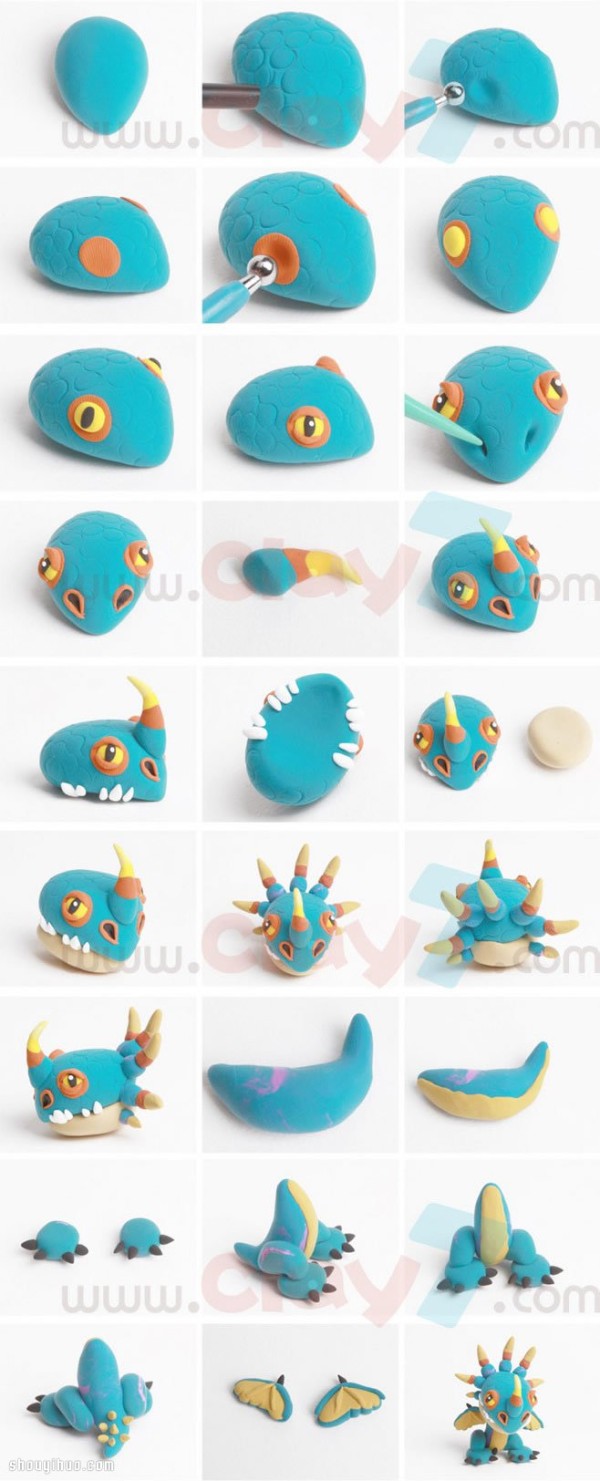 Illustration of the steps for making a super handsome Q-version dinosaur clay doll