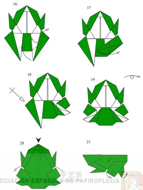 The steps of folding a three-dimensional tree frog, the origami method of a realistic tree frog, the illustration