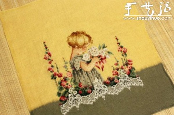 Pastoral style flower girl cross stitch pattern