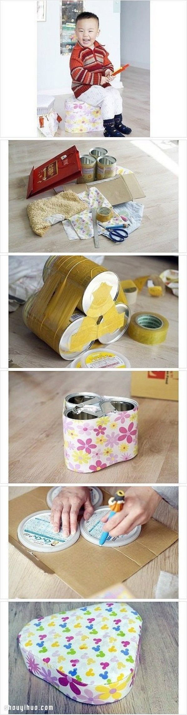 Discarded milk powder cans and DIY handmade childrens stools