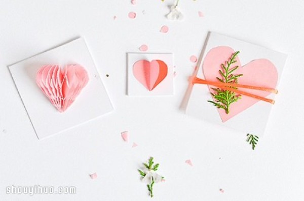 Valentines Day Handmade: Three Peach Heart-shaped Greeting Cards DIY Handmade