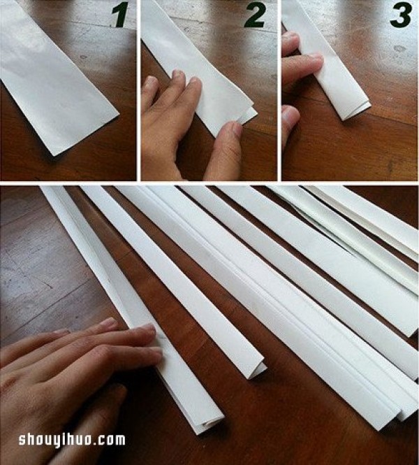 Detailed step-by-step picture of how to make a storage tube/pen holder from paper strips