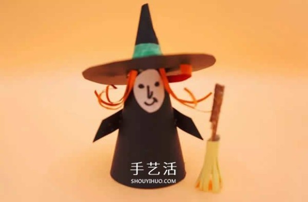 Illustrated tutorial for making a witch from cardboard and handmade Halloween witches