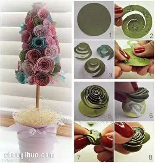 Illustration of how to make beautiful handmade paper flower arrangements by cutting paper