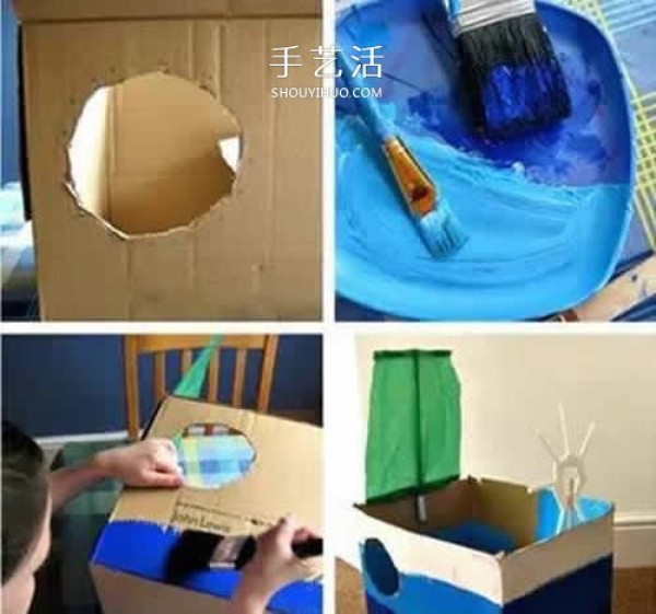 Simple cardboard boxes are used to make a toy boat with sails by hand