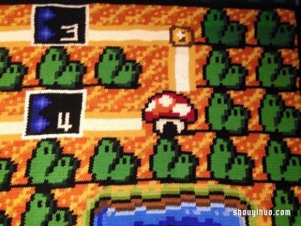 Six years to hand-knit a huge Super Mario map blanket