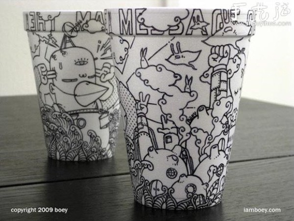 Funny doodles on disposable paper cups