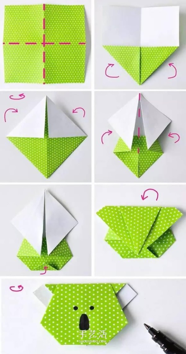 An illustrated tutorial on how to fold a koala family and a simple origami koala