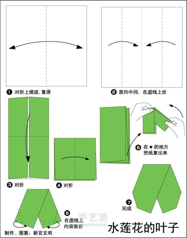 A simple origami method of lotus with illustrations of folding methods of flowers and leaves