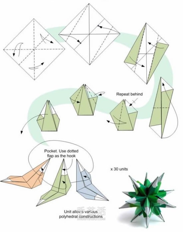 Origami Pothos Demon Flower Ball Tutorial with Illustrations of How to Fold the Pothos Poison Flower Ball