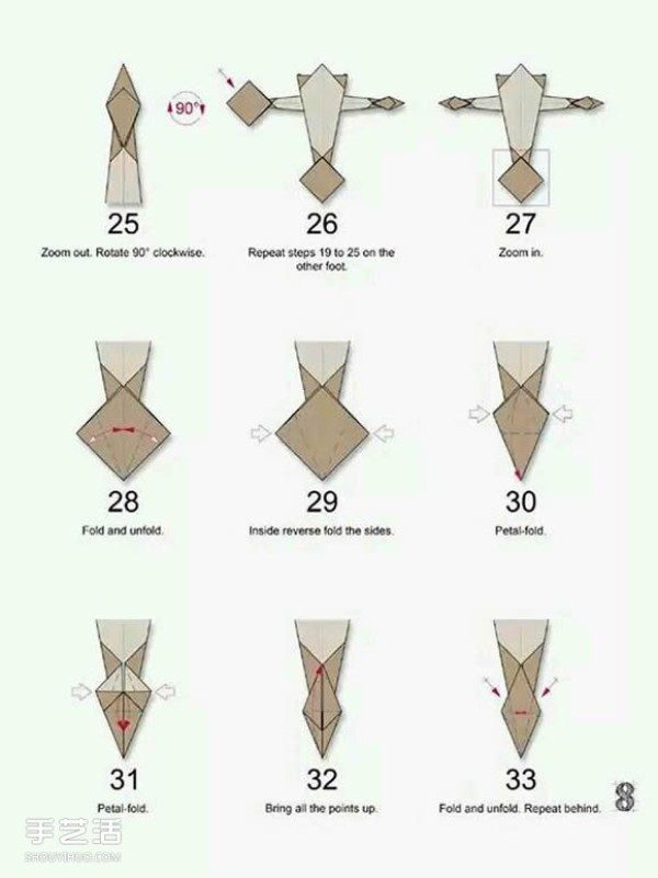 How to fold paper egrets with detailed illustrations of steps for folding three-dimensional egrets