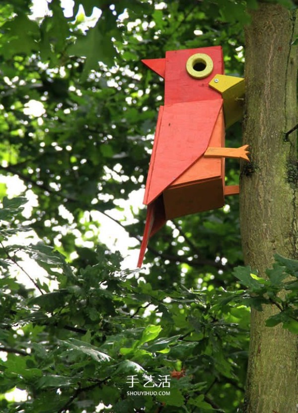 Recycle wood to create a colorful birdhouse for birds to find a place to live