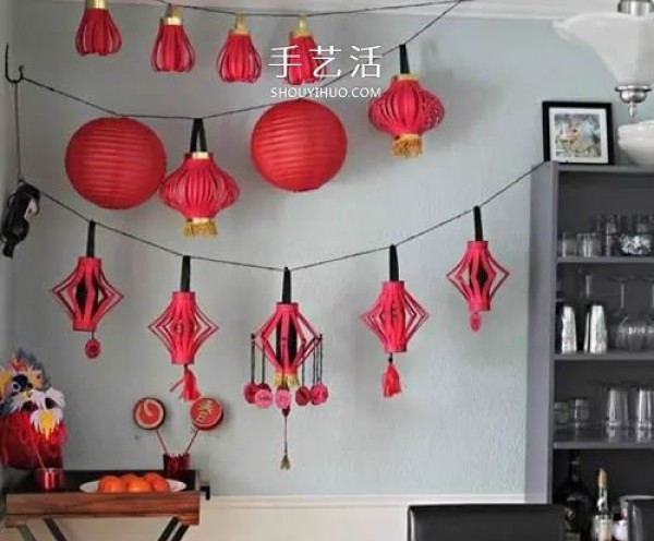 Illustration of how children make simple red lanterns with New Year paper lanterns by hand