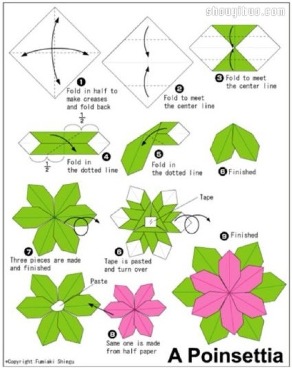 Origami Poinsettia Flowers How to Fold Handmade Origami Poinsettia Flowers Illustrations