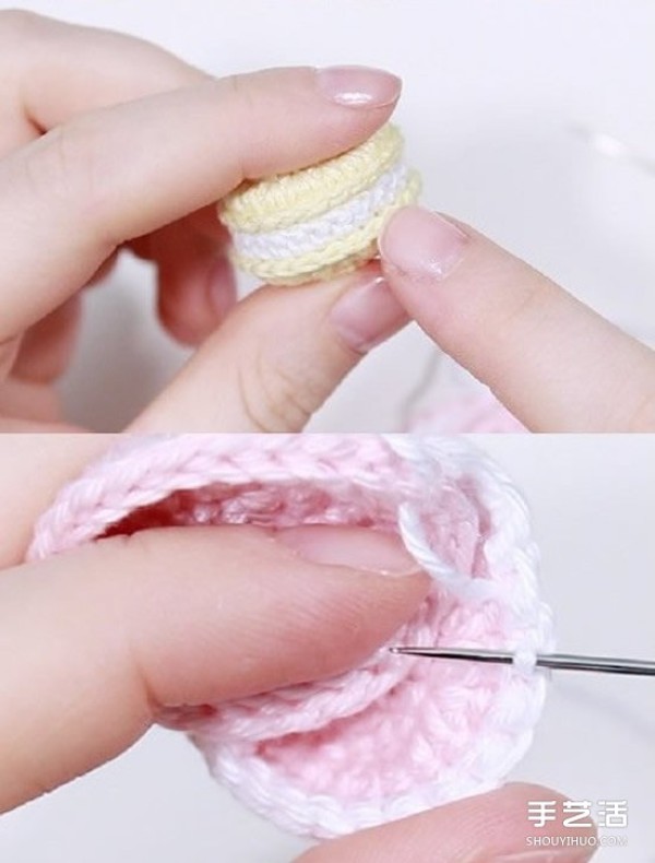 Illustration of the weaving method of crocheted macarons, tutorial of crocheting macarons