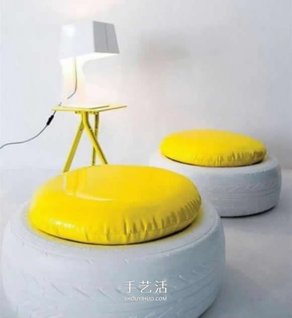 Pictures of used tires transformed into sofas and chairs.