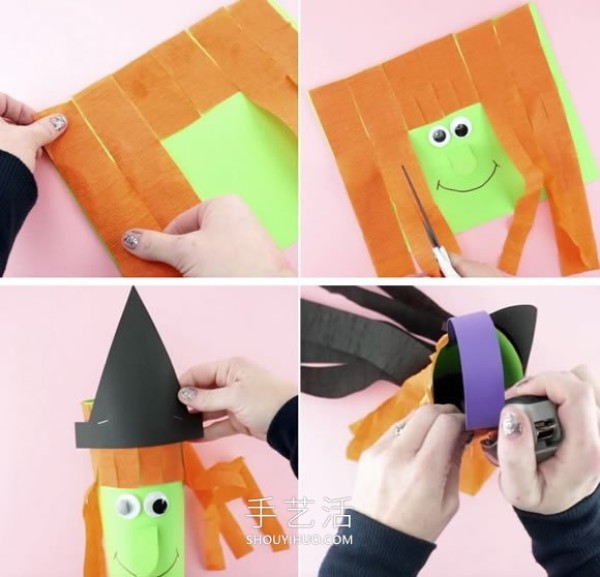 Illustrated tutorial on how to make a simple homemade Halloween witch windsock