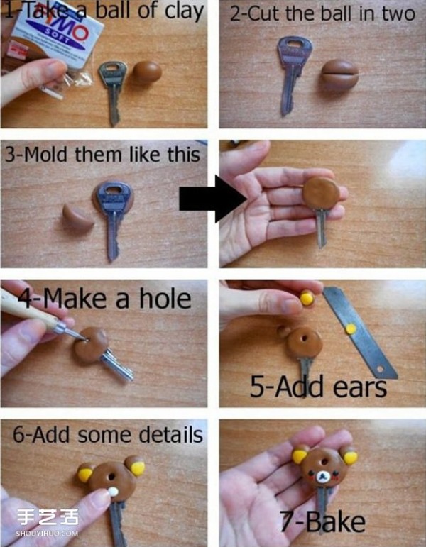 Polymer pottery bear key handle DIY, cartoon bear key made from clay