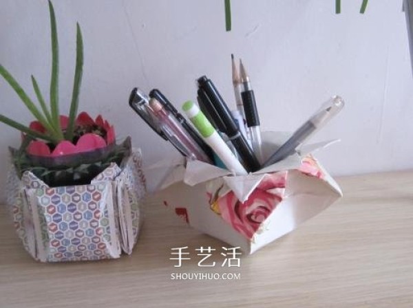 The folding method of the waste paper origami pen holder can also be used as a garbage box