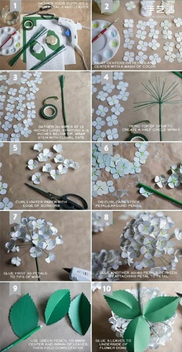 Illustrated tutorial on how to fold hydrangeas, steps on how to make origami hydrangeas