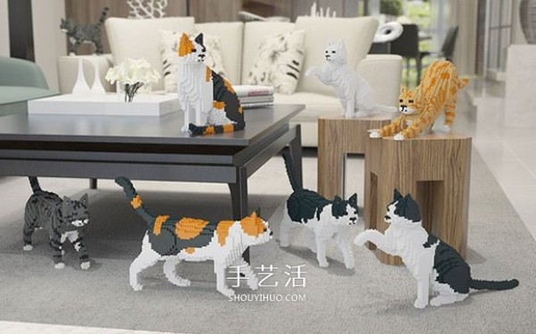 Pictures of DIY three-dimensional cat models using mini Lego blocks