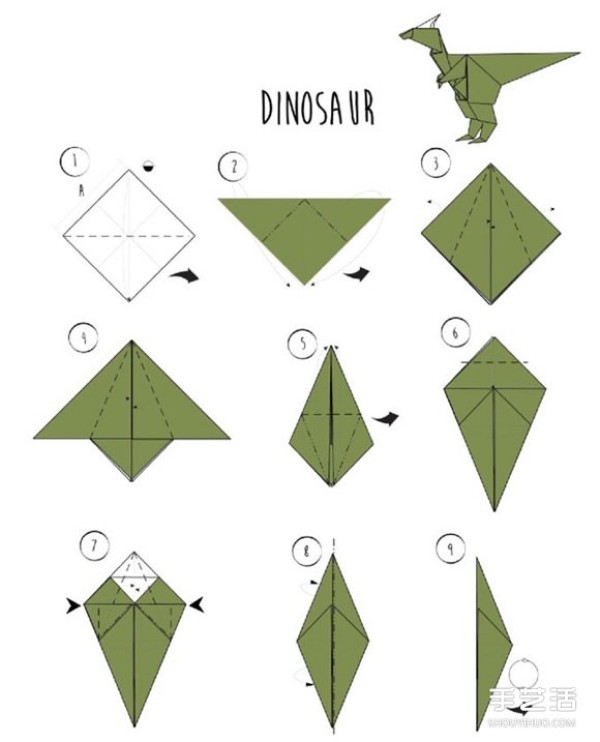 How to Fold Handmade Paper T-Rex - Illustrated Tutorial on Folding T-Rex