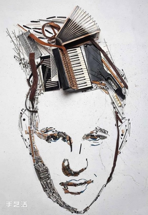 Twenty thousand parts from an old accordion were disassembled into portraits