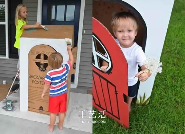 Illustration of how to make a small house from waste paper boxes of a childs mobile house