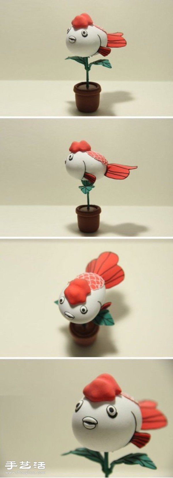 Illustrated Tutorial on DIY Handmade Potted Plants with Fat Goldfish Dolls from Polymer Clay