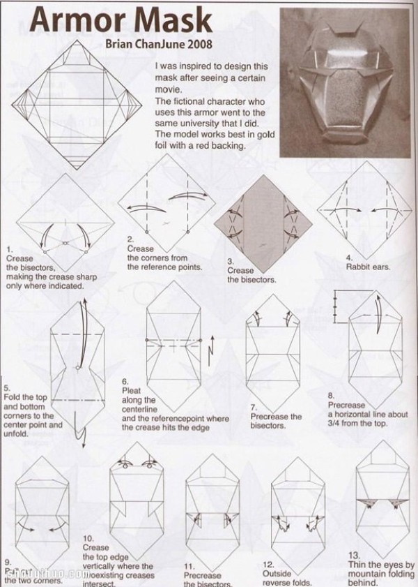 Illustrated tutorial on folding the origami Iron Man mask