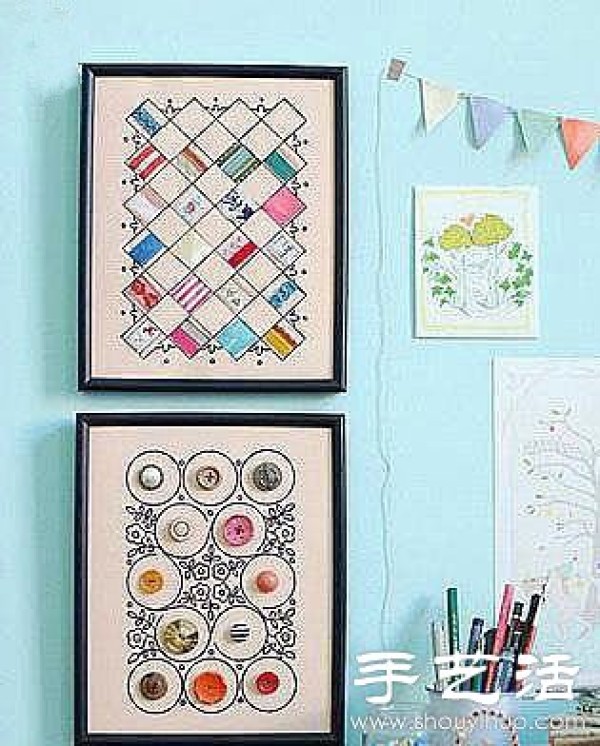 Creative DIY decorative painting of scraps of fabric + buttons