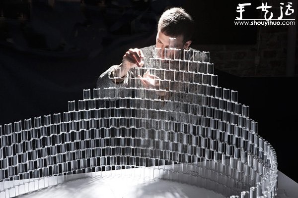 A giant chandelier made of transparent Lego bricks