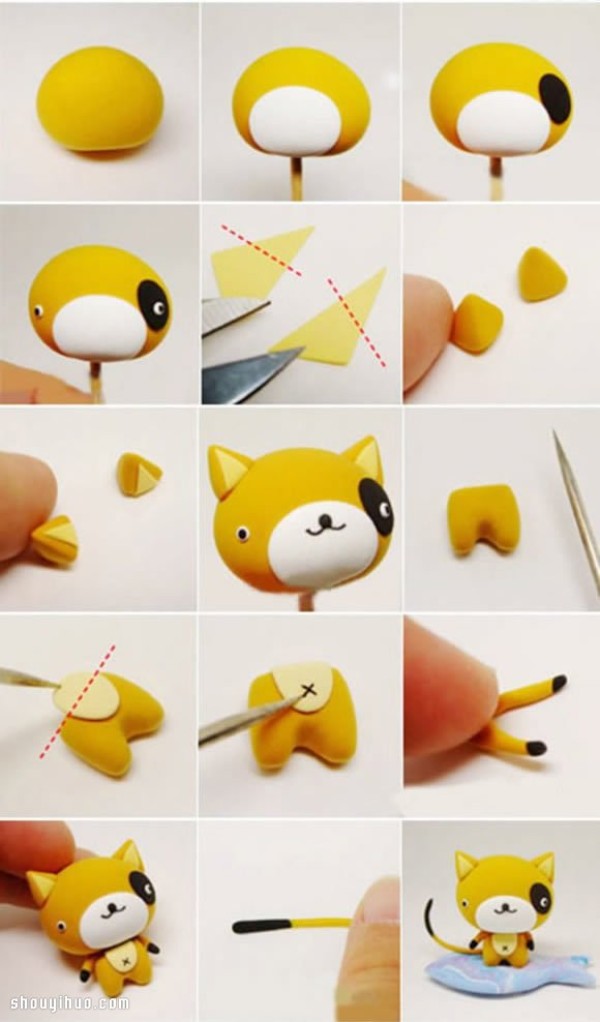 Illustrated tutorial on hand-making cute cartoon cat figures with ultra-light clay