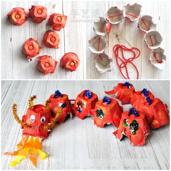 Egg tray for hand-making process of Chinese dragon in kindergarten