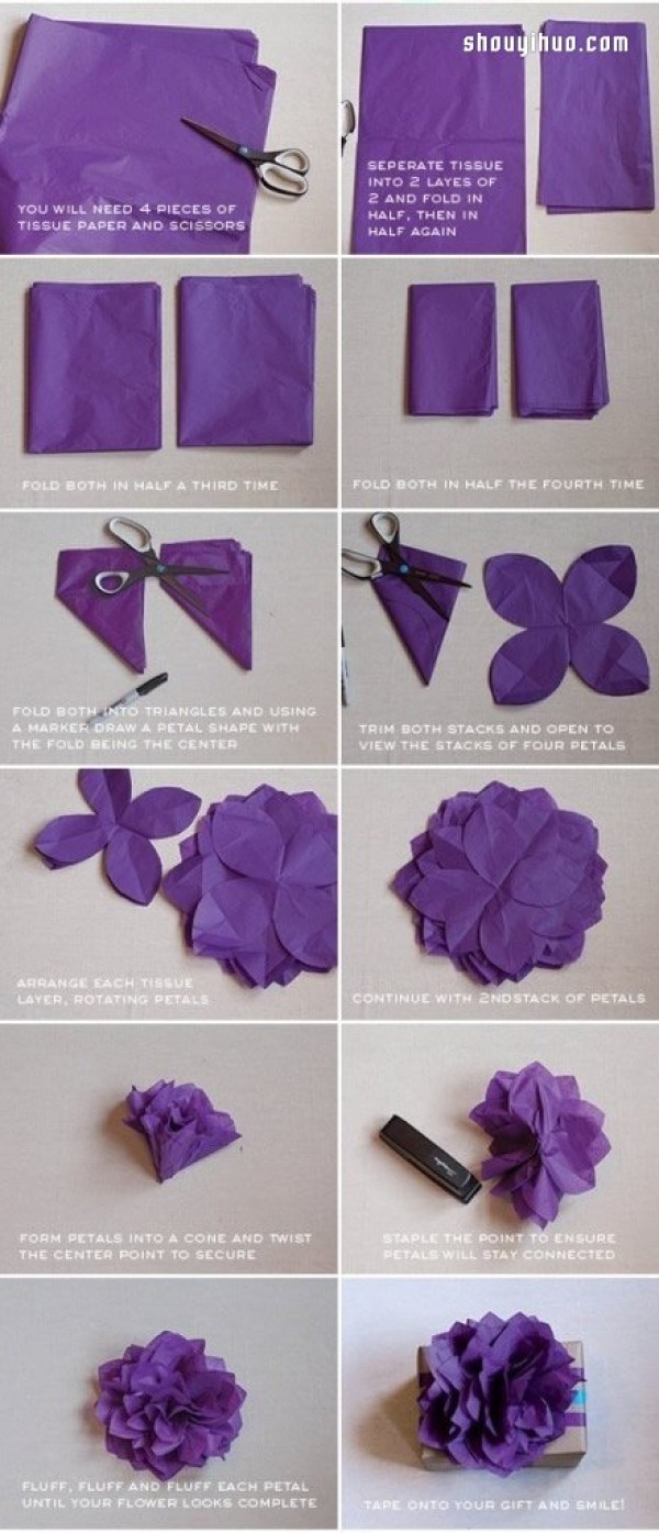 The process of making handmade paper flowers with illustrations of packaging and decoration paper flowers