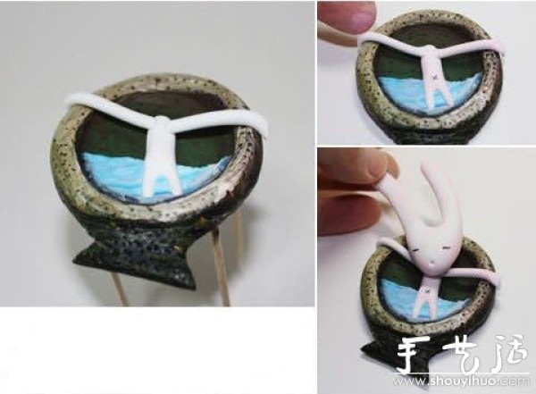 Long-eared rabbit with long-eared bathing made from soft clay handmade