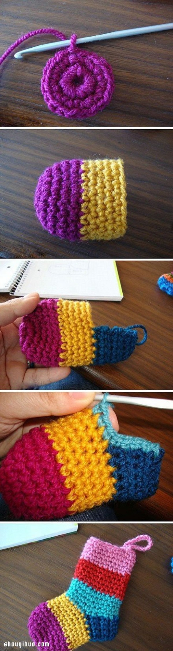 Illustrated tutorial on crocheting cute childrens warm socks with wool