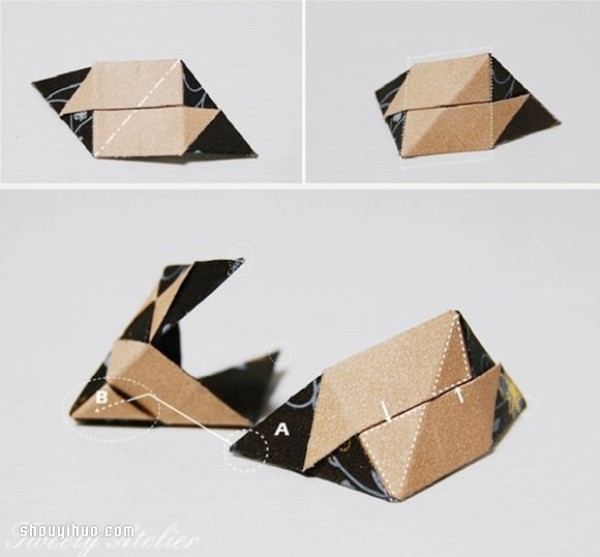 Illustrations of folding origami three-dimensional rhombuses for use as packaging boxes or pendants