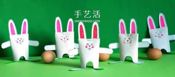 Illustrations of using waste materials in kindergarten to make rabbits from paper tubes with white rabbits