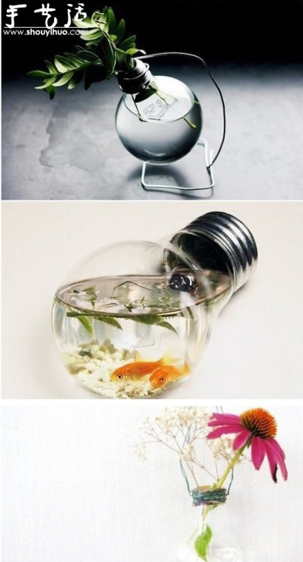 DIY potted plants and fish tanks from bad light bulbs make the room full of art!