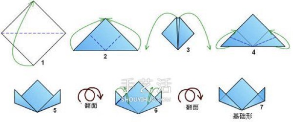 Illustration of the origami method of six four-petal flowers combined into beautiful flower balls